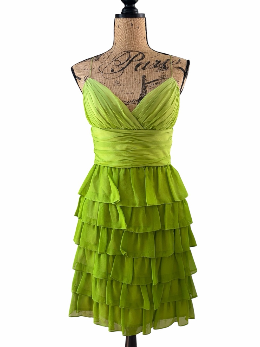 Muse Y2K 100% Silk Chartreuse Lime Green Tiered Ruffle Mini Dress Women’s 6